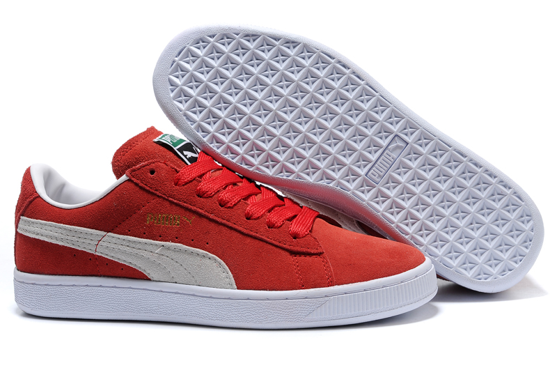 red and white puma suede